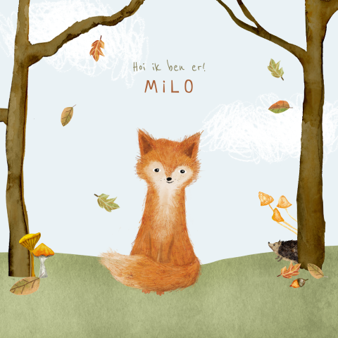 Geboortekaartje met babyvosje in het herfstbos