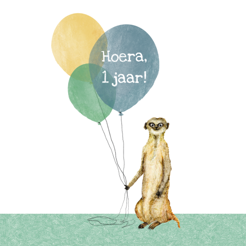 Verjaardagkaartje stokstaartje met ballonnen