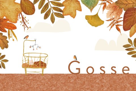 Herfst geboortekaartje met wiegje en roodborstjes in het bos