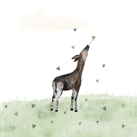 Wenskaartje met een okapi en veel hartjes