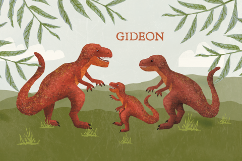 Geboortekaartje met een donkerrode T-rex familie
