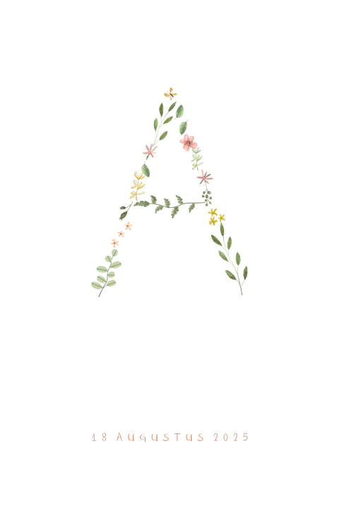 Simpel geboortekaartje met initiaal van een bloemenletter