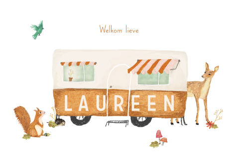 Geboortekaartje met caravan en bosdieren