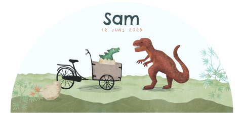 Geboortekaartje in grote boog met dino in bakfiets