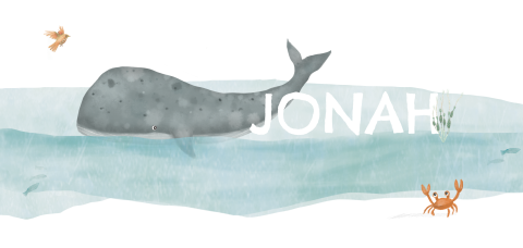 Zomers geboortekaartje met walvis en juichende krab in de zee