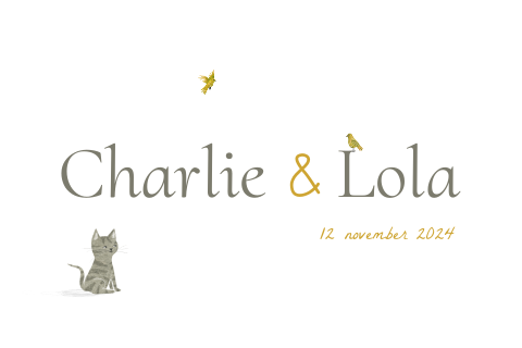 Geboortekaartje tweeling met een poes en vogeltjes