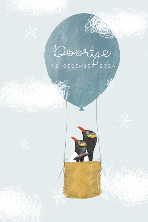 Grappig geboortekaartje met pinguins in een luchtballon