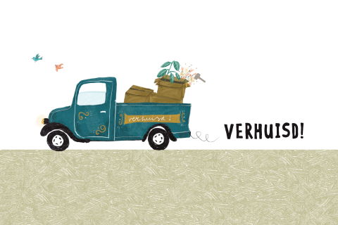 Wenskaartje Verhuisd! met een verhuiswagen vol spullen