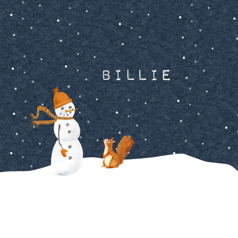 Grappig geboortekaartje met eekhoorn en sneeuwpop