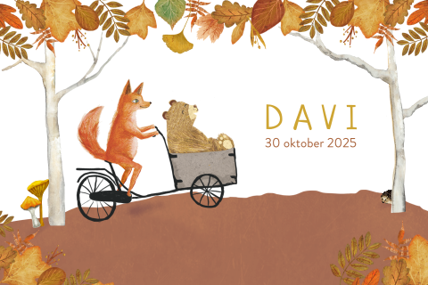 Herfst geboortekaartje met vos en beer op de bakfiets