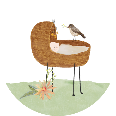 Sluitzegel baby in wiegje met een vogeltje