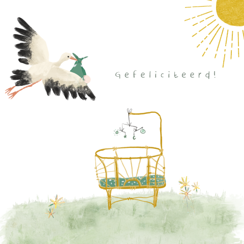 Wenskaartje Gefeliciteerd met baby in een wiegje