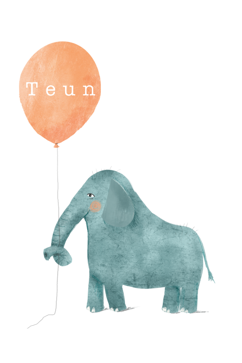 Vrolijk en clean geboortekaartje met olifant en ballon