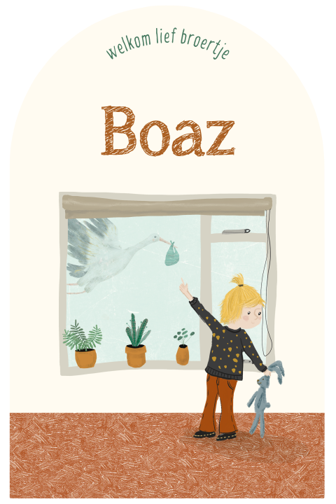 Geboortekaartje boog zus kijkt uit raam ooievaar