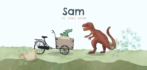 Getekend geboortekaartje met dino in een ei op de bakfiets
