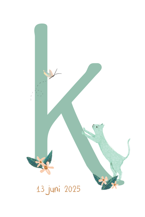 Geboortekaartje met grote letter en mintgroene kat