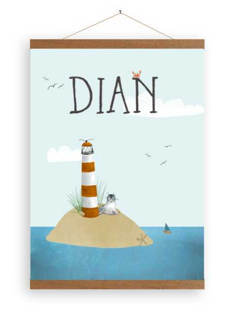 Canvas poster eiland met vuurtoren en zeehondje