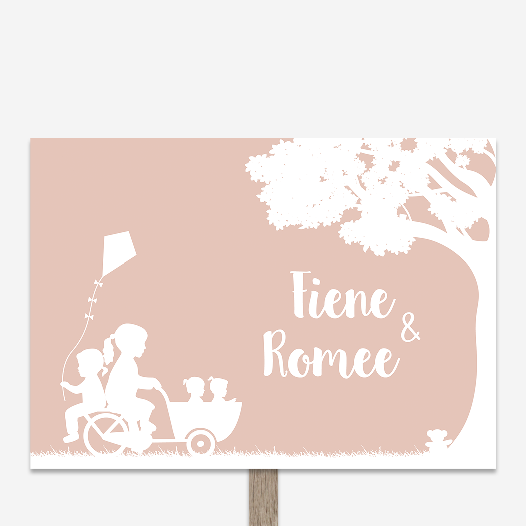 Tuinbord Geboortebord Roze Tweeling Bakfiets