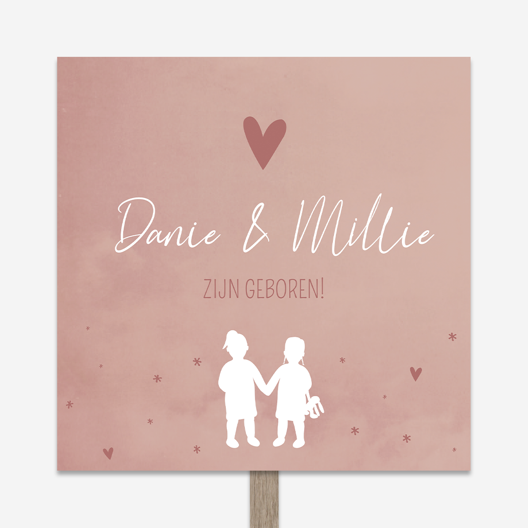 Tuinbord Geboortebord Roze Tweeling Silhouet