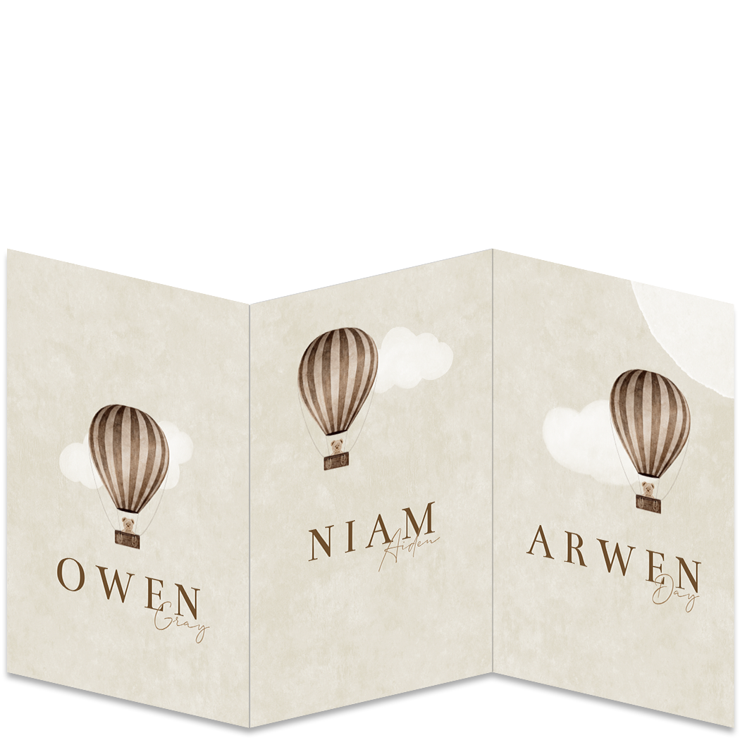 Geboortekaartje Drieling Luikkaartje Teddybeertje Luchtballon