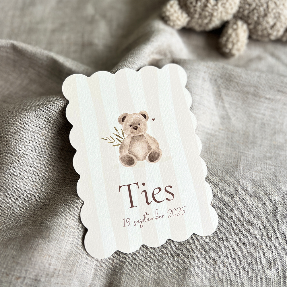 Geboortekaartje  Streepjes Beer Cookie Boogjes beige