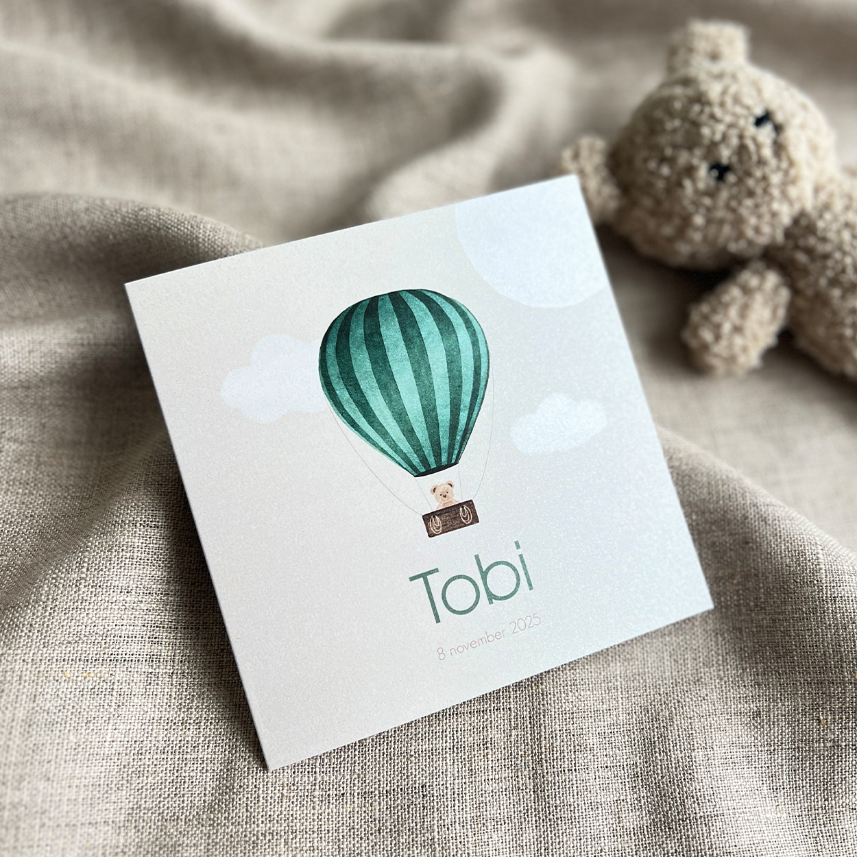 Geboortekaart Jongen teddybeer Luchtballon Wolkjes