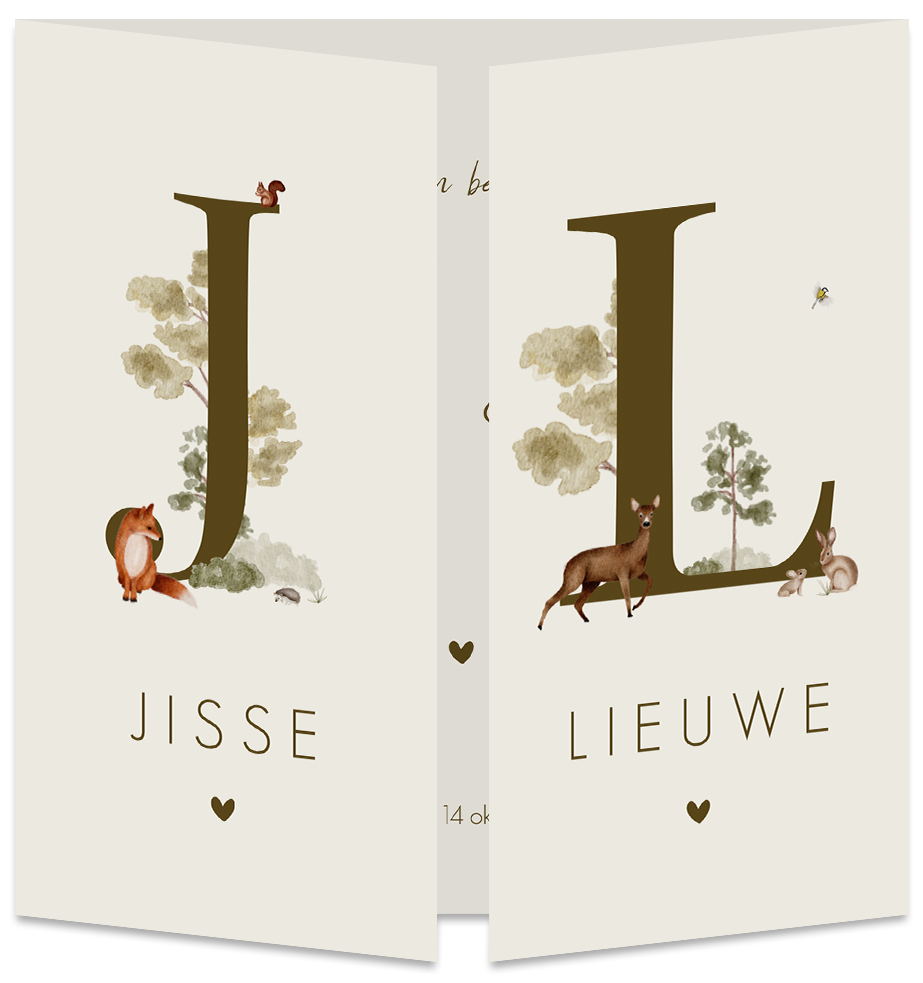 Geboortekaartje Tweeling Bosdieren Luikkaartje Waterverf