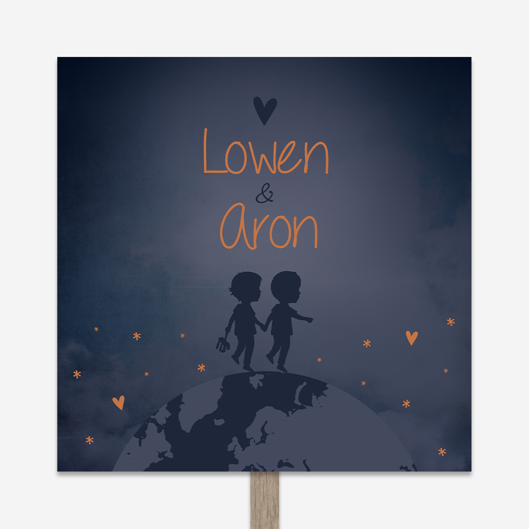 Tuinbord Geboortebord Donkerblauw Wereldbol Silhouetjes