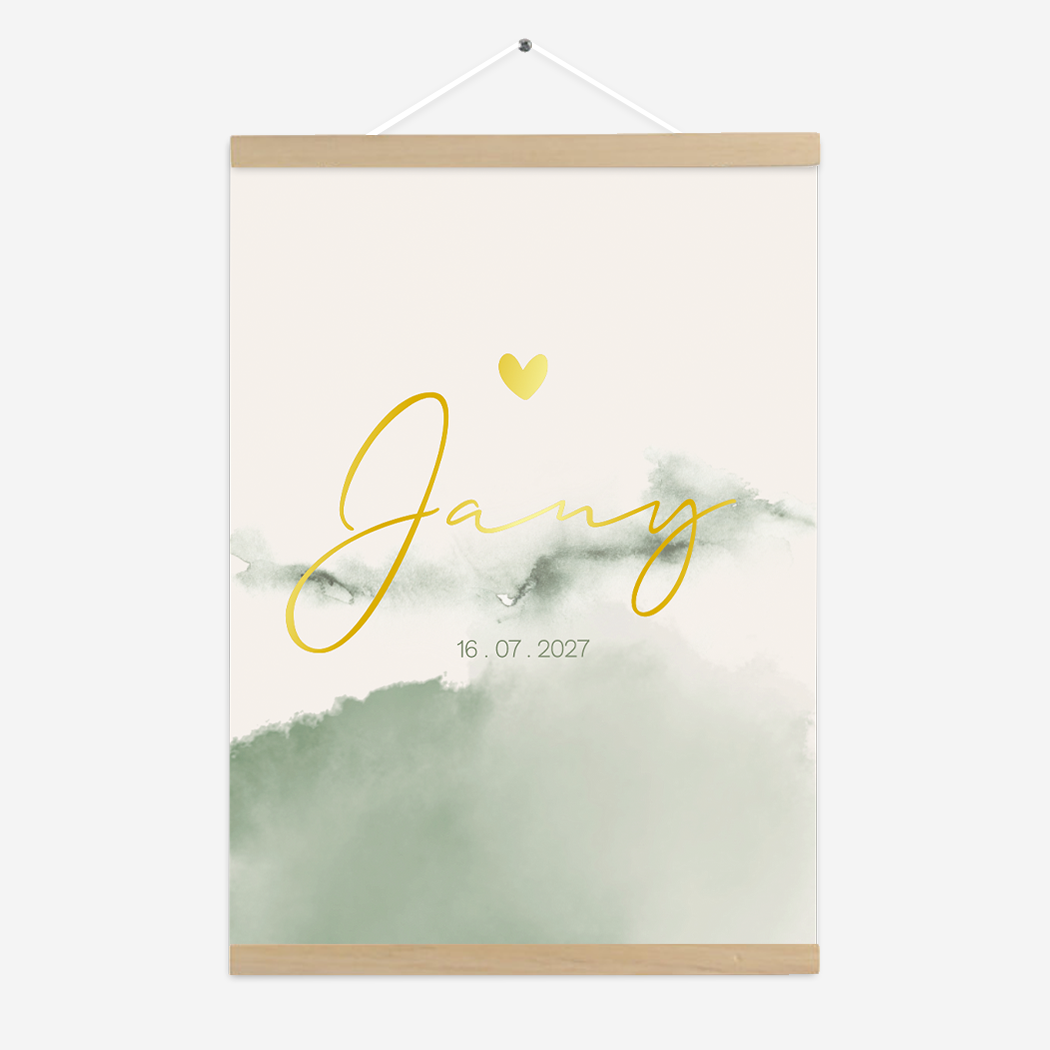 Poster Beige Groen Waterverf Goudfolie