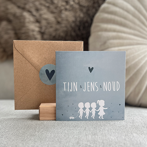 Geboortekaartje Drieling Blauw Kindjes Illustratie