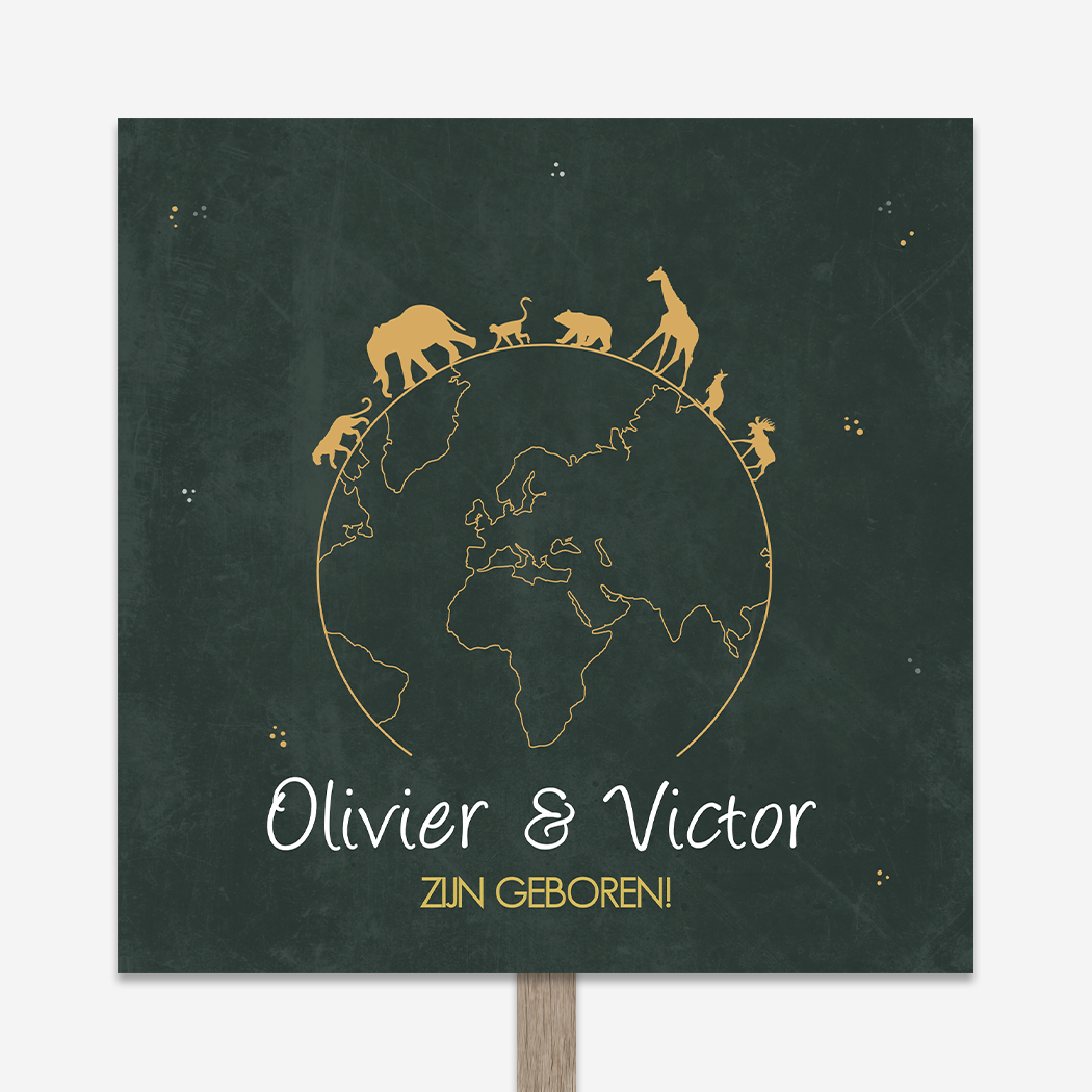 Geboortebord Tuin Tweeling Dieren Wereldbol