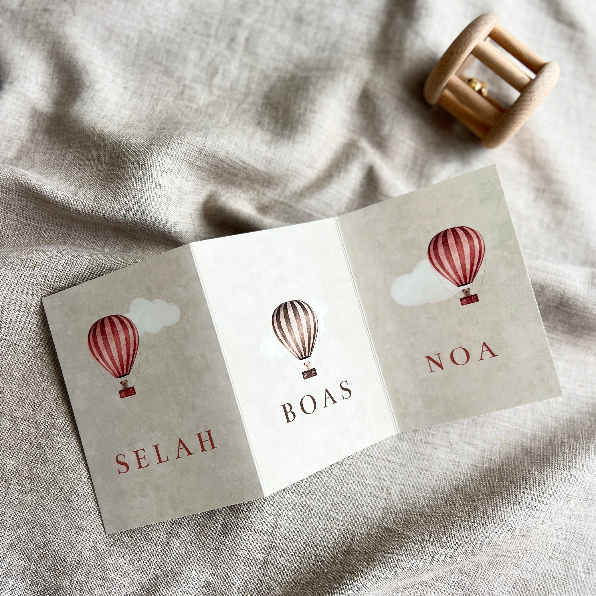 Geboortekaartje Drieling Luikkaartje Teddybeertje Luchtballon