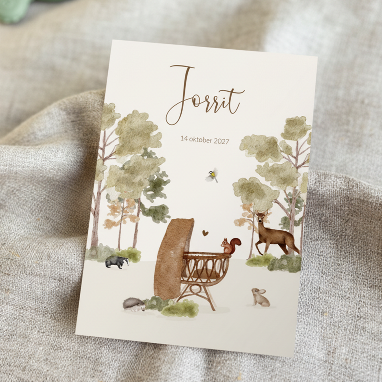 Geboortekaartje Jongen Herfst Wieg Waterverf Bosdieren