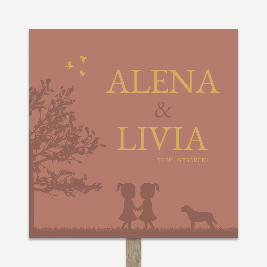 Tuinbord Geboorte Tweeling Roze Hond Silhouetten