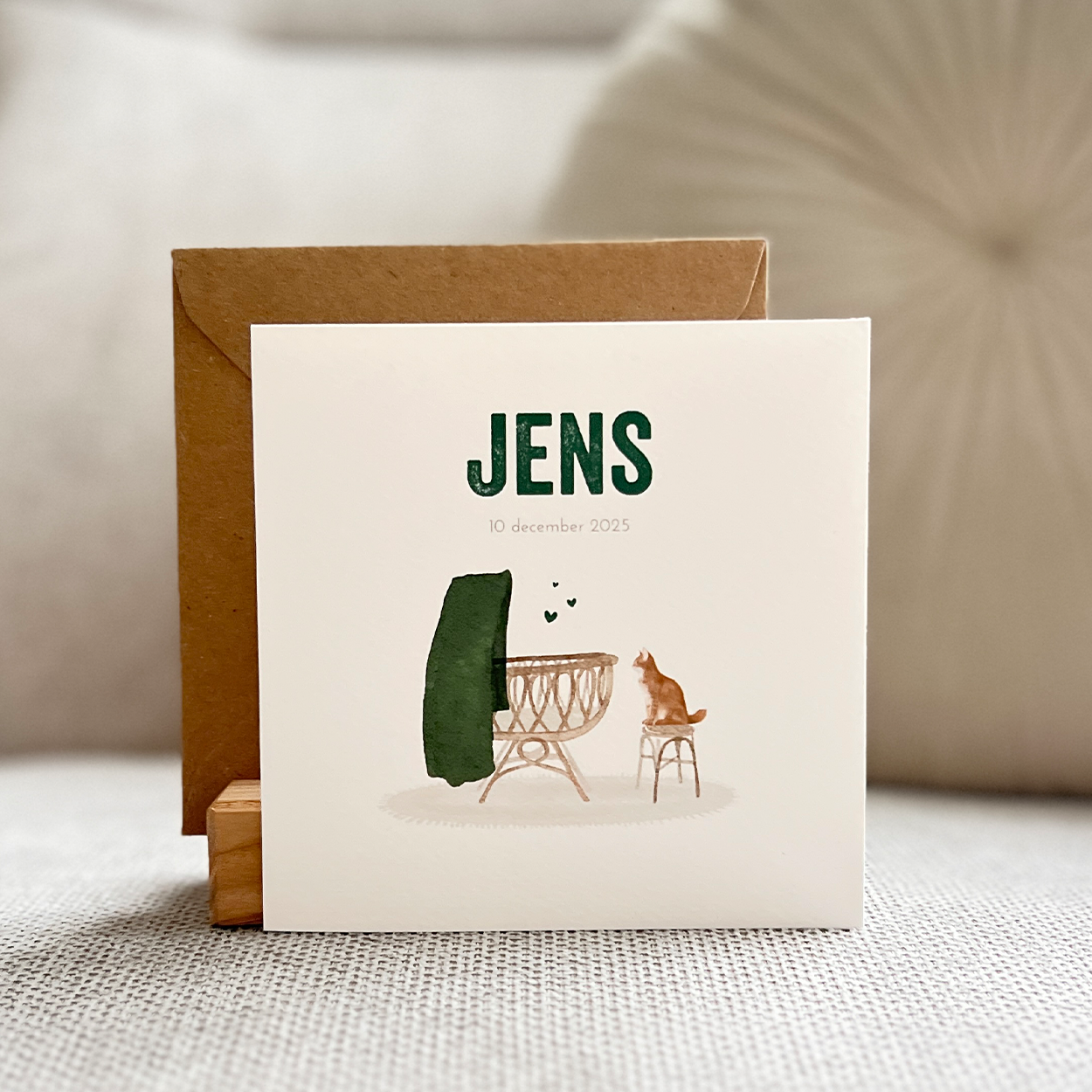 Geboortekaartje Jongen Wiegje Poesje Kat