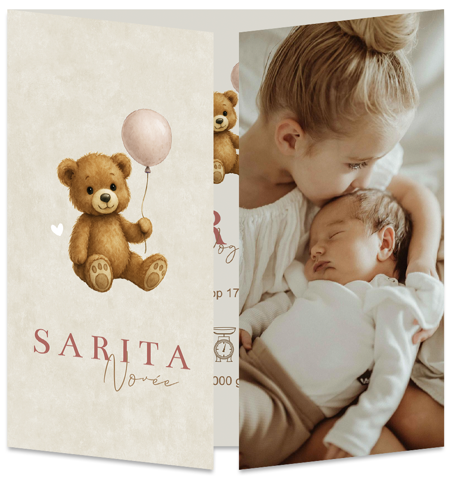 Geboortekaartje Meisje Ballon Teddybeertjes Luikkaartje