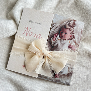 Geboortekaartje Babyfoto Luikkaartje Lint Strik Roze