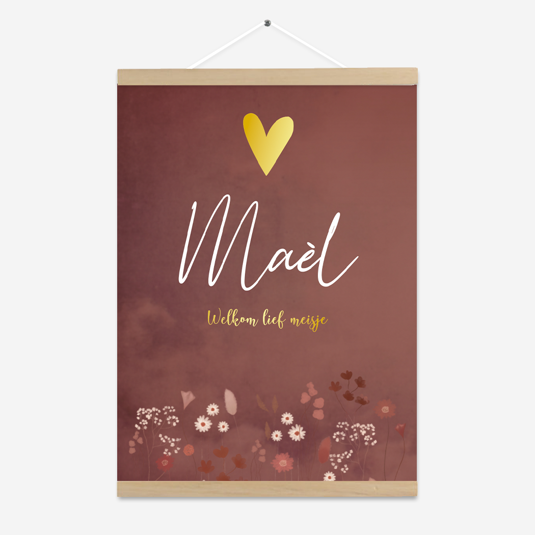 Poster bordeaux goud hartjes bloemen