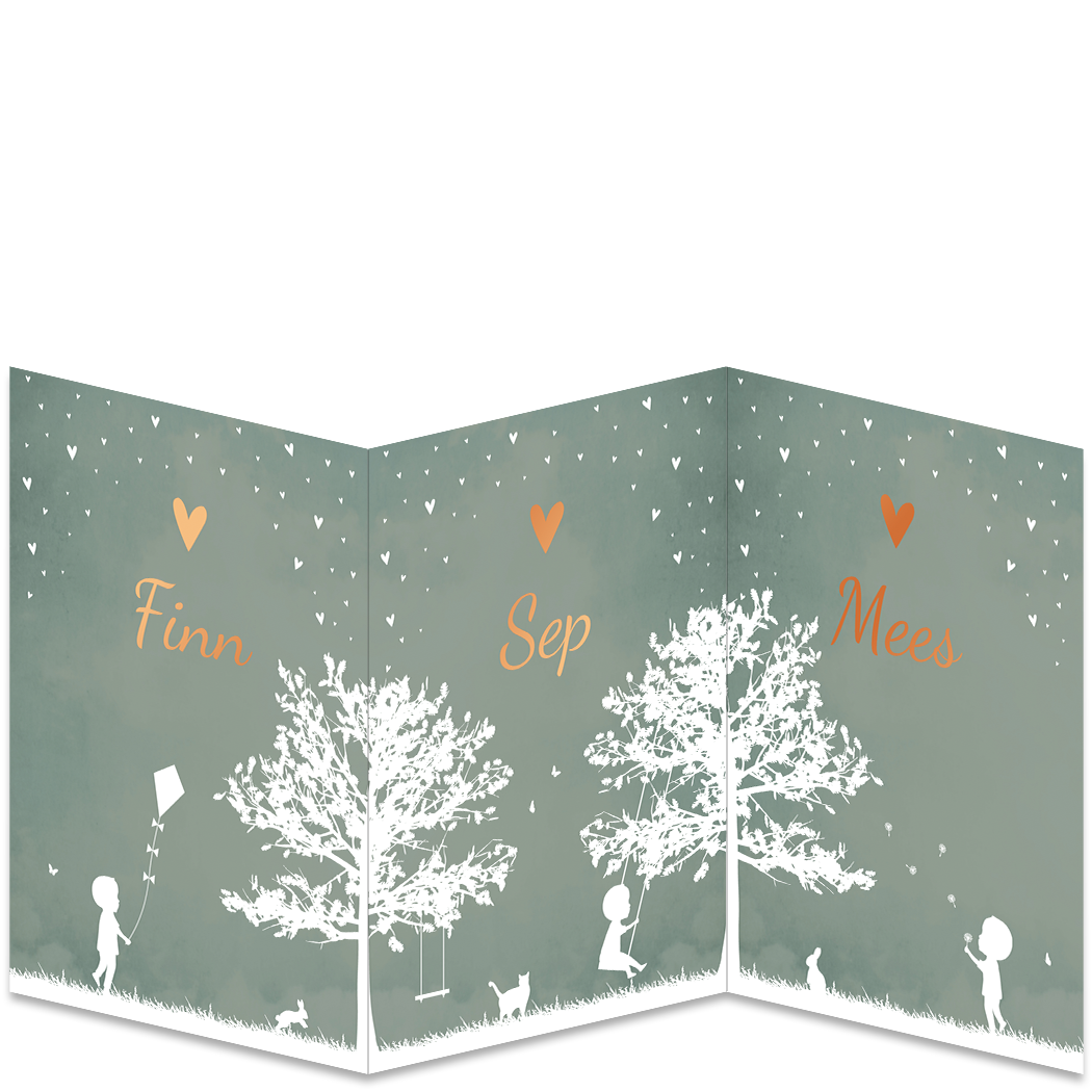 Geboortekaartje Drieling Groen Koperfolie Luikkaartje