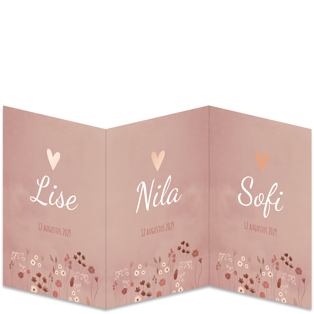 Geboortekaartje Drieling Bloemetjes Luikkaartje Roze