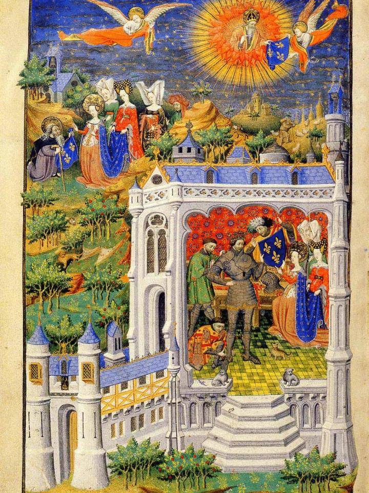 Middeleeuwse illustratie met ridders en edelen in een architecturale setting, omgeven door groen en een kasteel.