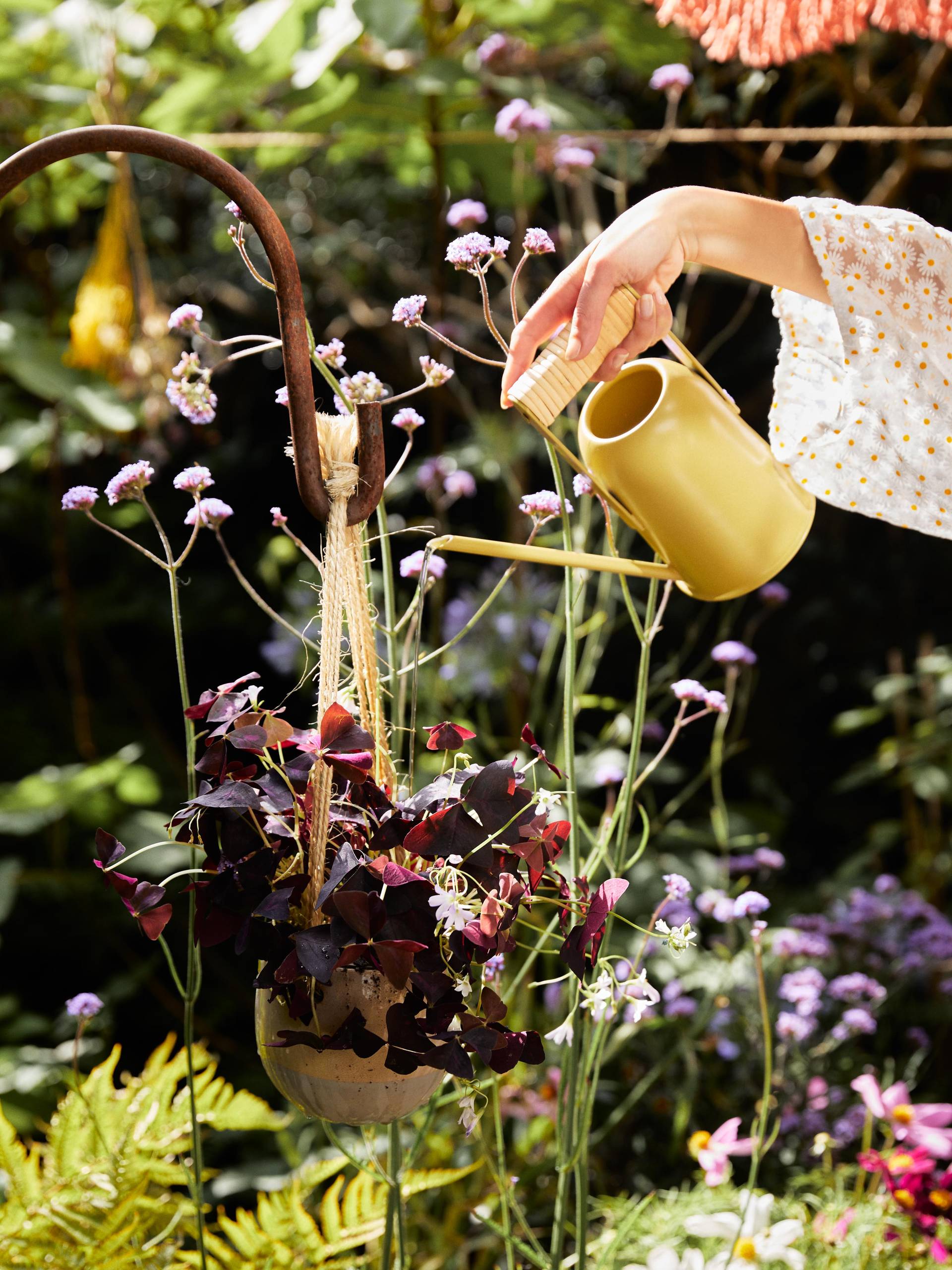 Gieter die water geeft aan mooie buitenplanten