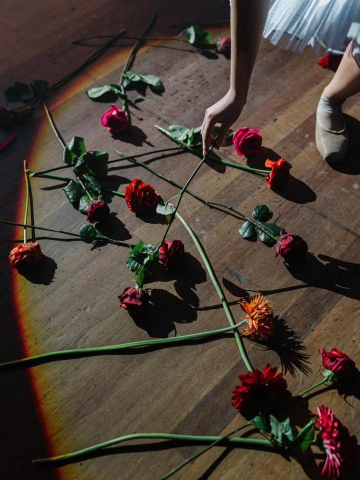 Houten vloer met verspreide rode en oranje rozen, met een persoon in ballet schoenen en witte tutu die naar de bloemen reikt.