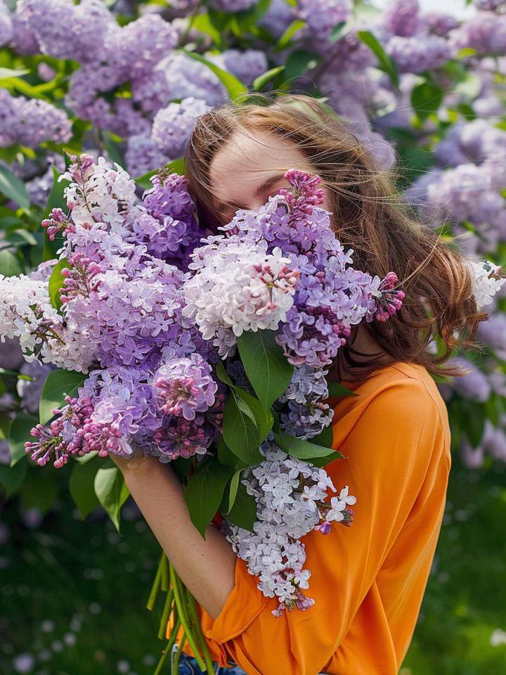Persoon met groot boeket lila bloemen, oranje shirt, lila struiken op achtergrond.