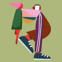 Kleurrijk figuur met koffie in de hand.