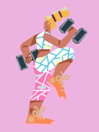 Kleurrijk persoon aan het sporten met 2 halters.